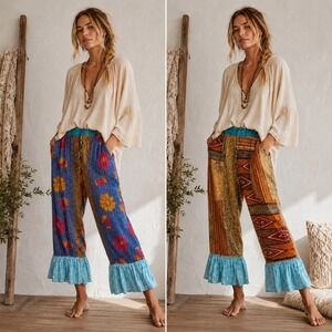 Kantha Patchwork Wide Leg Quilted Bloomer Pants OS Reversible Boho One Of A Kind